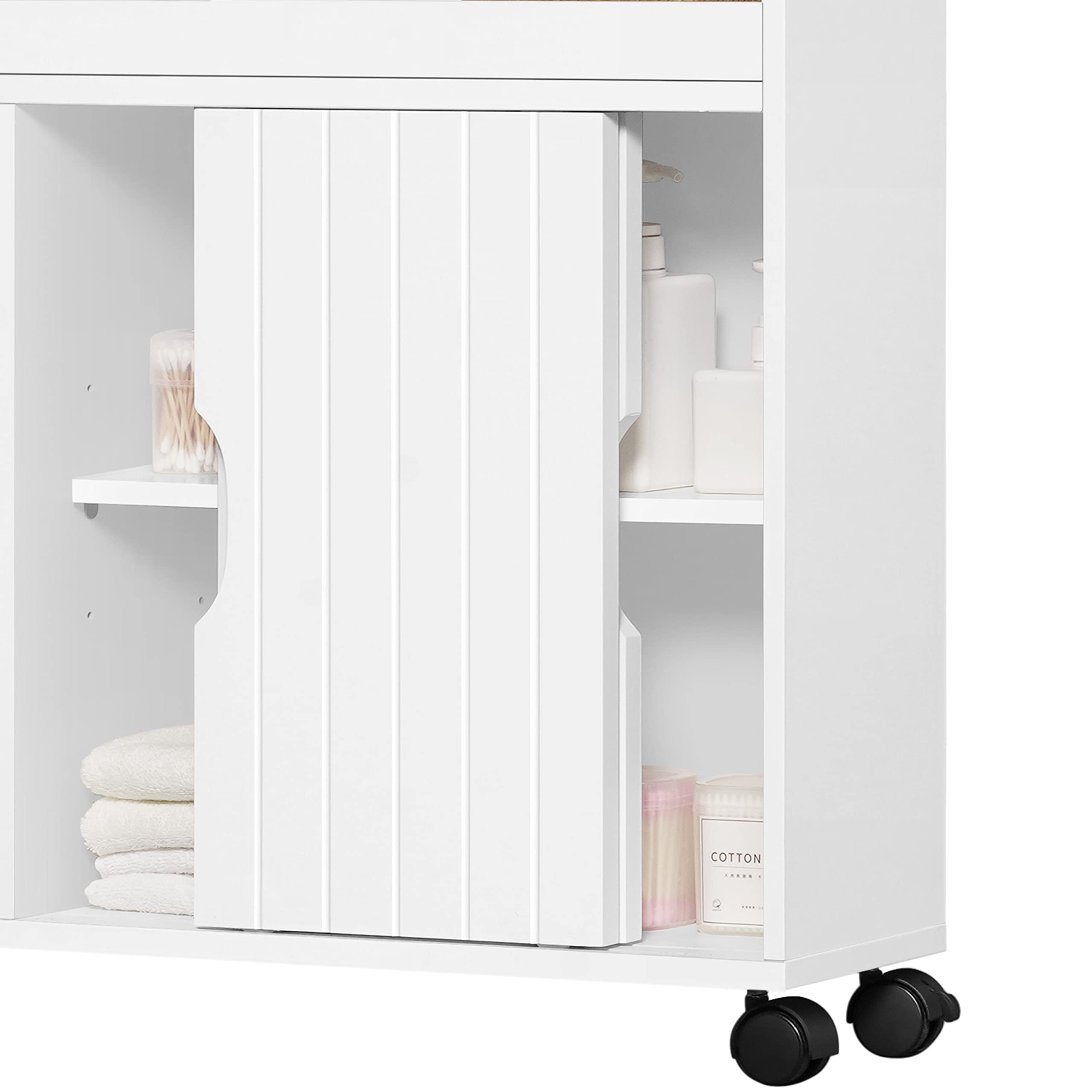 Yaheetech Mobile da Bagno con Ruote Armadietto da Terra con Ante Scorrevole Mobiletto in Legno con Ripiani Multilivello 20 x 70 x 72 cm Armadio Portaoggetti Bianco