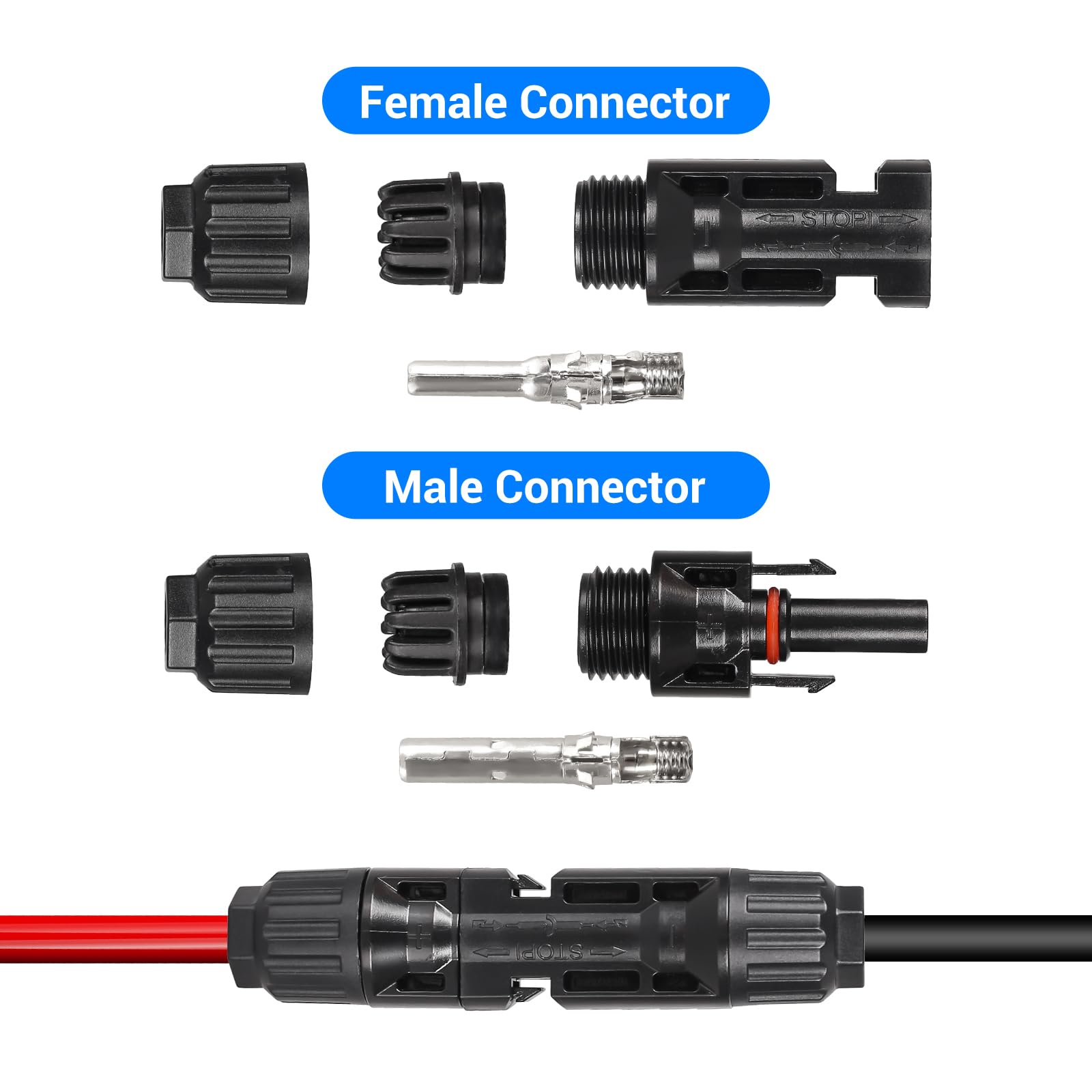 Lot de 50 paires de connecteurs solaires PV mâle/femelle et 2 clés à molette, connecteurs de câble pour câble PV de 2,5/4/6 mm², étanche IP68 avec sac en nylon noir