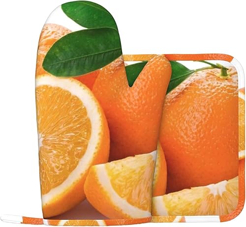 Juego de guantes de horno y soportes para ollas con estampado naranja, resistentes al calor, antideslizantes, guantes de horno para cocina, cocina,