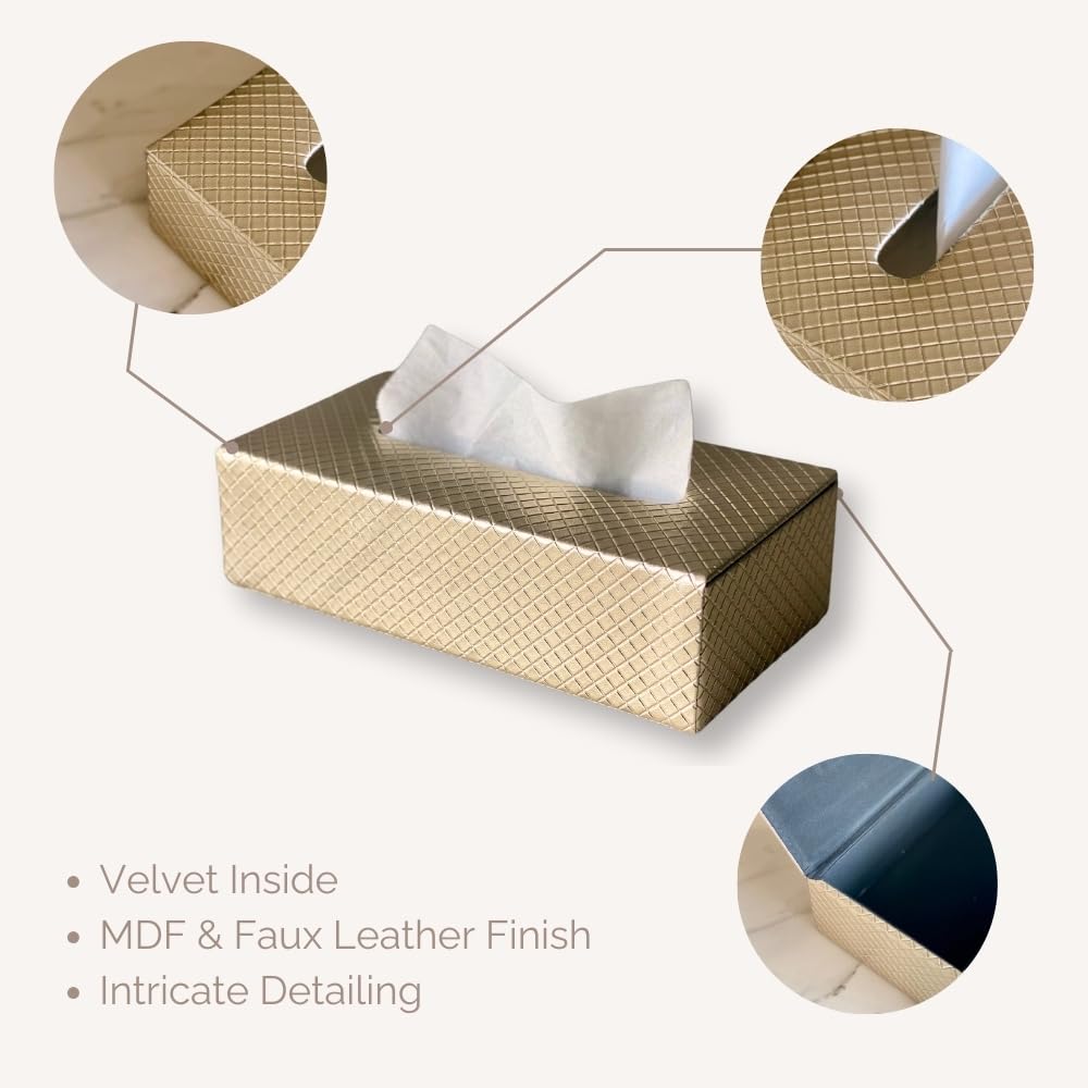 Mason Home Vegan Leather & MDF Braided Tissue Box - 1 Piece - L 10.5" x B 5.25" x H 3.5" | Paper Napkin Holder | Tissue Case - Dispenser - Organizer | Home - Office - Table - Car (Golden) 3