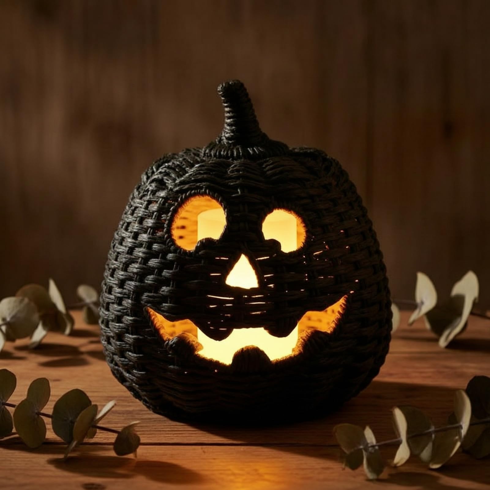 Daceiu Handwoven Pumpkin Basket with Witch Hat Lid, LED Wicker Decor