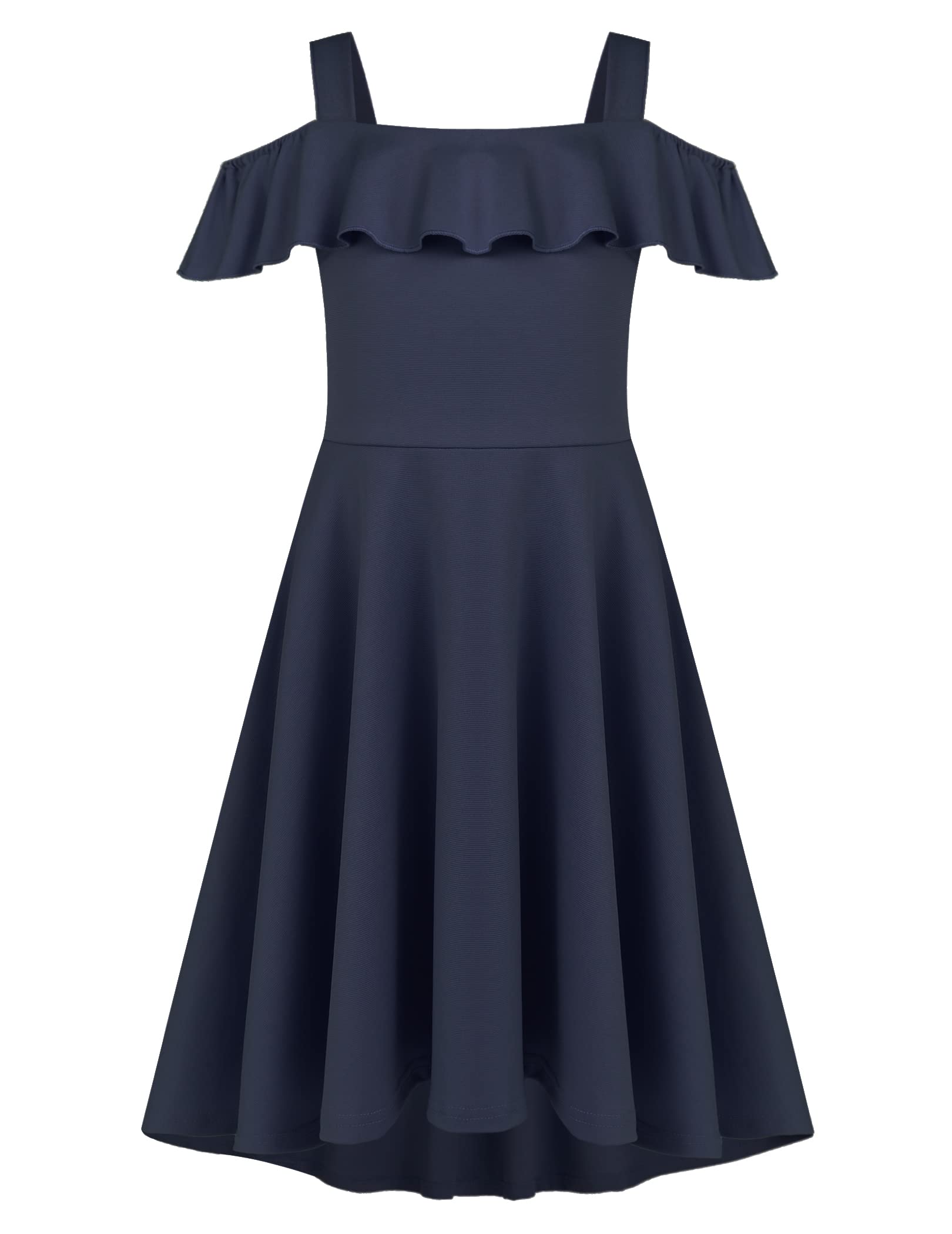 Arshiner Kleider für Mädchen Off Shoulder Kleid Sommer Kinderkleider Freizeitkleid Partykleid Halloweenkleid Lässig Kinderkleidung mit Tasche Navy Blau 130/8-9 Jahre