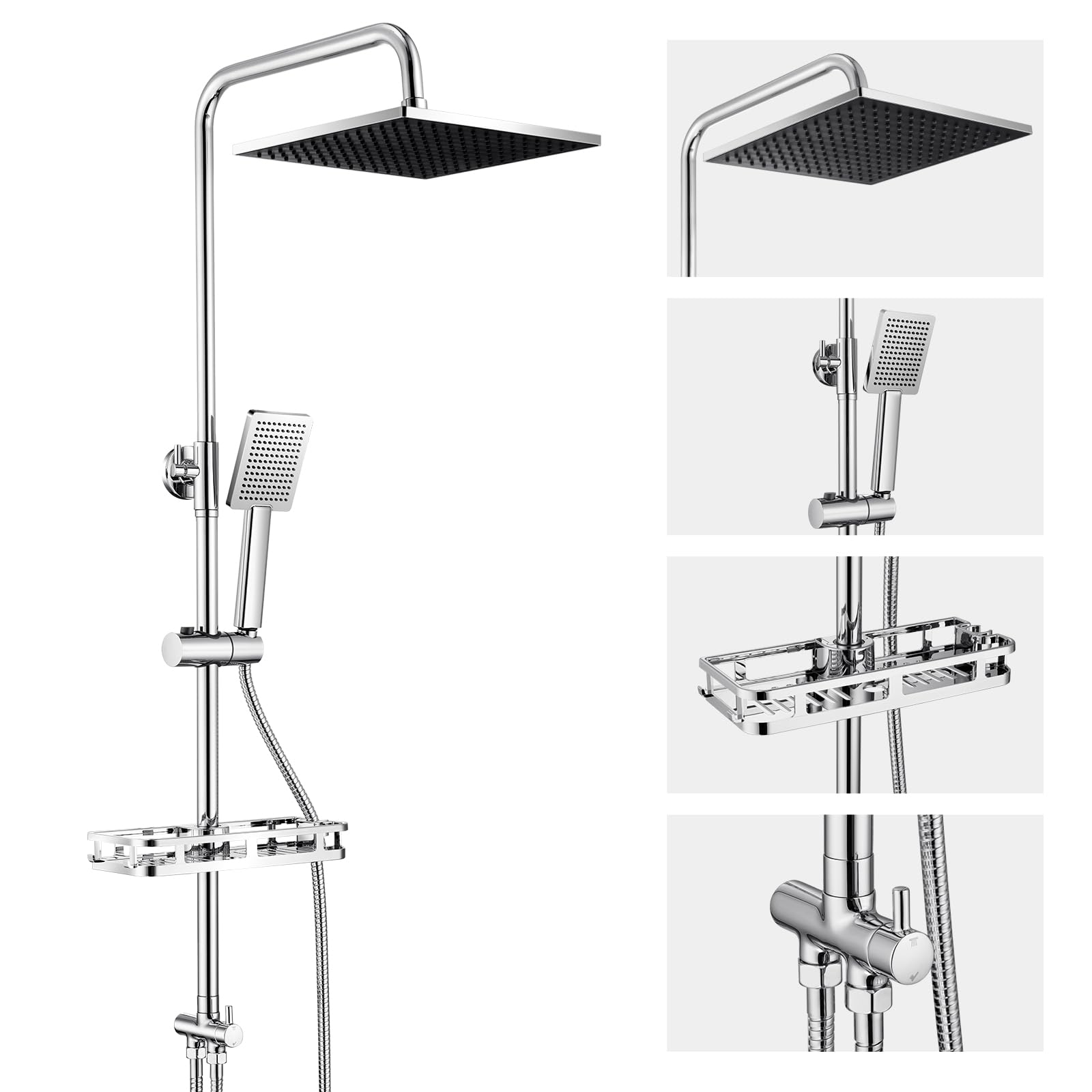 Auralum Verstellbare Duschstange ohne Bohren, 25,4 cm großer Regenduschkopf, quadratische Handbrause mit drehbarer Halterung, Chrom-Dusch-Set, einfache Selbstmontage, passend für britische Badezimmer