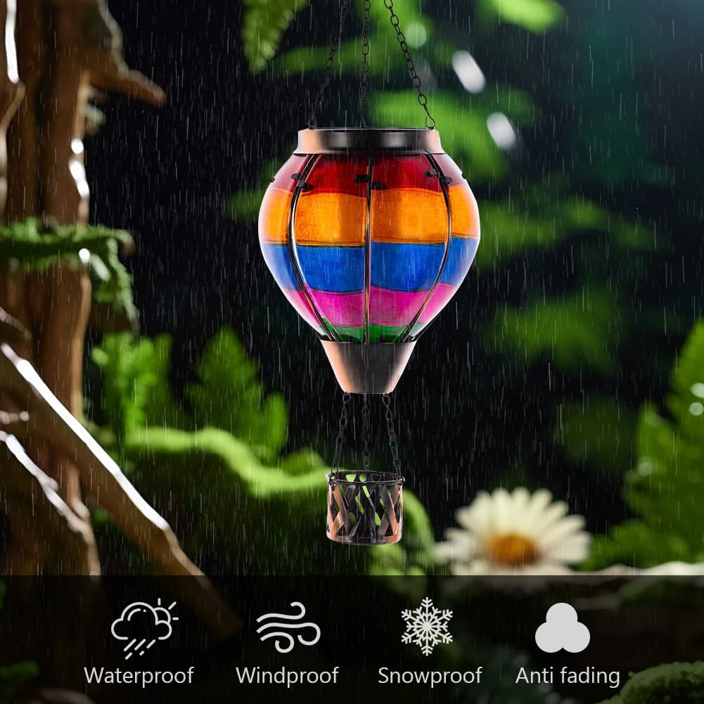 Solar Hot Air Balloon Outdoor Lantern with Flickering Flame, Handmade Glass Hanging Outdoor Lantern Waterproof Decorative Lantern Lamp for Patio, Garden, Porch
