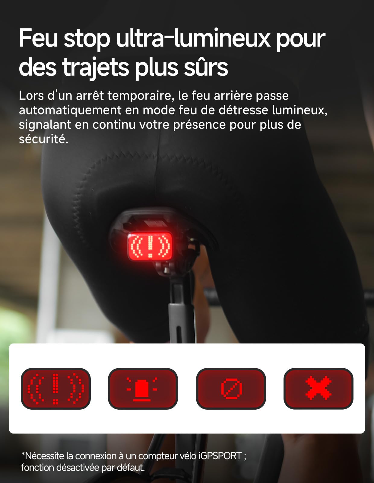iGPSPORT ET6 Emoij Feu Arriere Velo, Alerte Freinage Visible 1,2KM | Rechargeable Portée 1,2KM Marche/Arrêt Automatique Rappel de Virage Connexion Compteur iGPSPORT Étanche Lumiere Velo Arriere