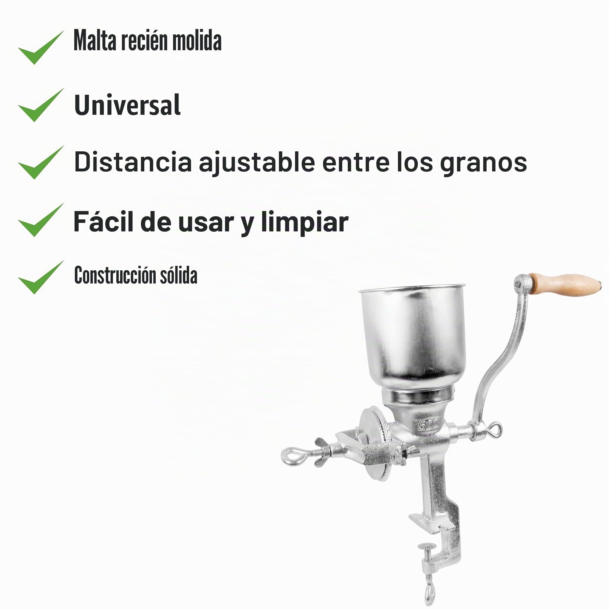 Browin 408500 Molinillo de chatarra manual de 1 kg, molinillo de grano manual con tolva alta para moler malta en cerveza, harina a pan, maíz y guisantes plata