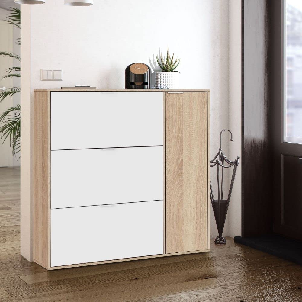 Mobelcenter, Mueble Zapatero Class 4 Puertas, Color Blanco y Roble Canadian, Capacidad hasta 30 Pares de Zapatos, Medidas: Ancho: 106 cm x Fondo: 22 cm x Alto: 115 cm, (1267)