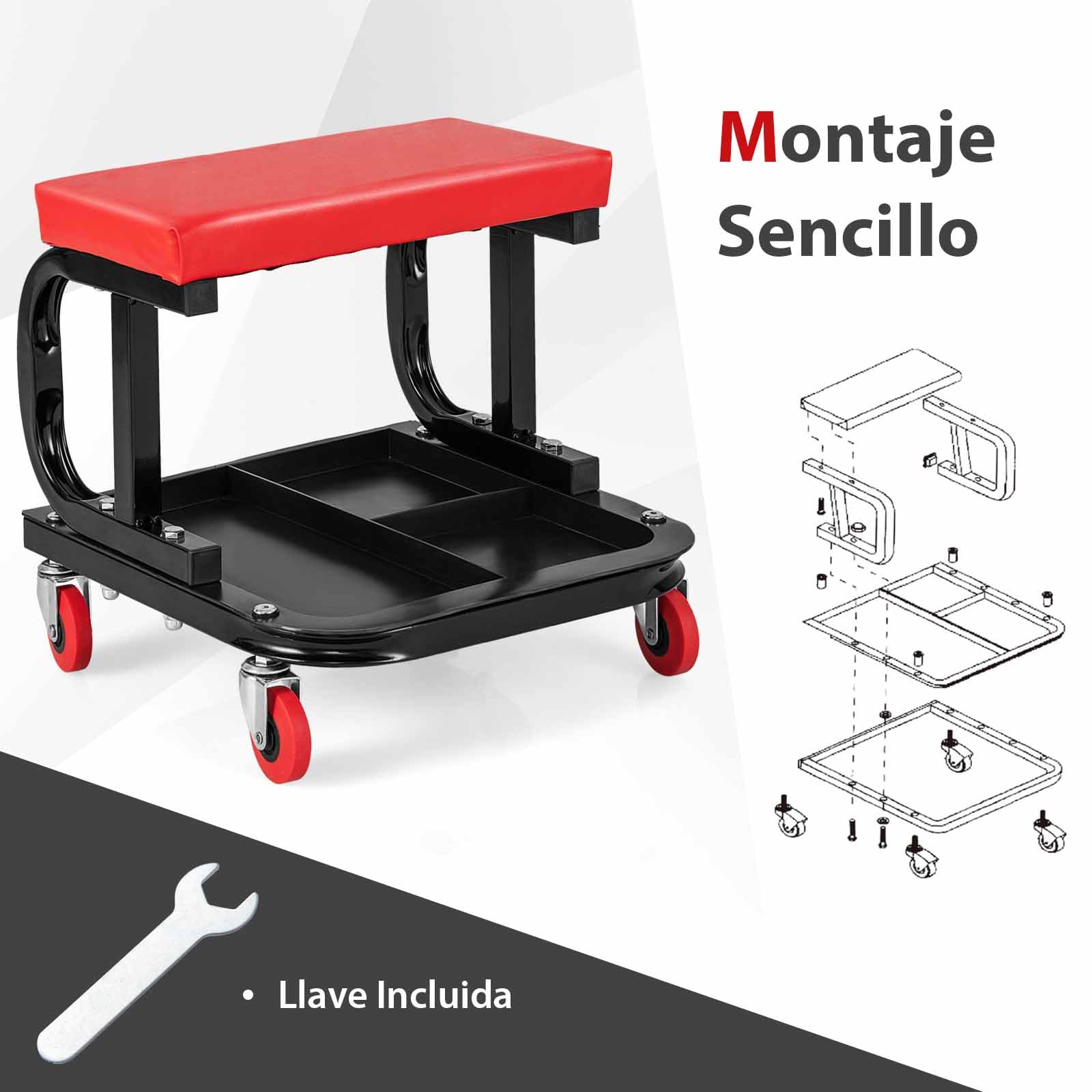 COSTWAY Asiento Rodante, Taburete para Garaje y Taller, Asiento para Mecánicos Acolchado con Bandeja para Herramientas, Asiento Rodante con 4 Ruedas Universales, Capacidad de Carga de 150 kg