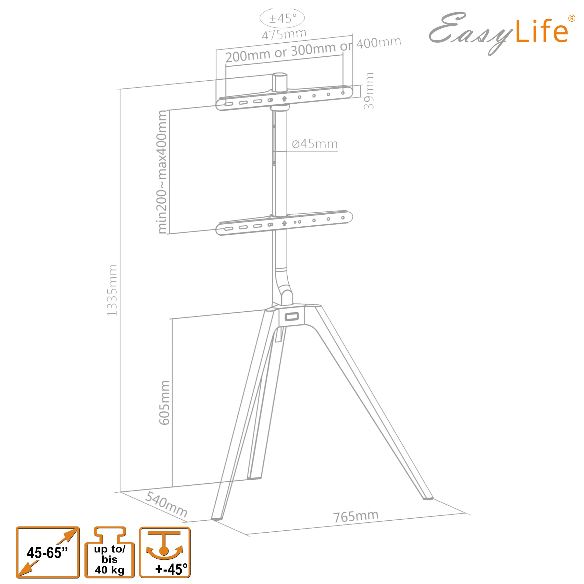 EasyLife – Treppiede per TV in legno Tripod – Studio TV Stand fino a 65 pollici e 40 kg TV/monitor, orientabile, regolabile in altezza, gestione dei cavi, VESA fino a 400 x 400 (Bianco/faggio chiaro)