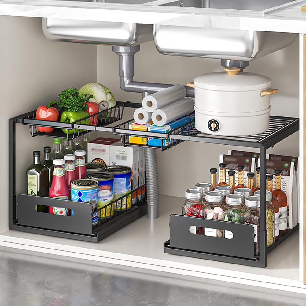 YunNasi Organizer Sottolavello Cucina, Salvaspazio 2 Livelli Cestelli in Acciaio, Cassetto Scaffale Organizzatore Regolabili in Altezza per Cucina Bagno (Nero, B-Stile)