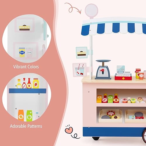 Miniatura 6 de Costzon Juego de tienda de comestibles para niños, juego de soporte de mercado de simulación para niños pequeños con juguete de juego de 30 piezas,