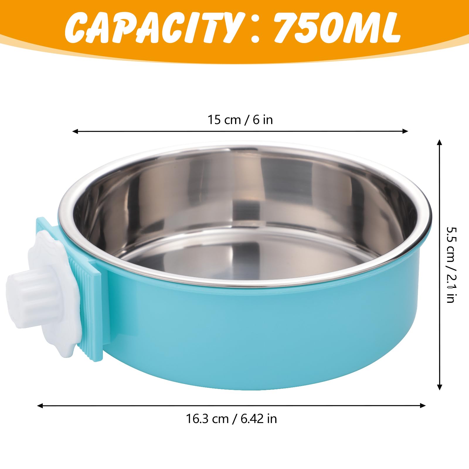 2 Pcs 2-in-1 Pet Crate Bowls, 15cm/6In 750ml Hanging Cage Dog Bowl Removable Cage Water Bowls for Dog Cat - Image 2