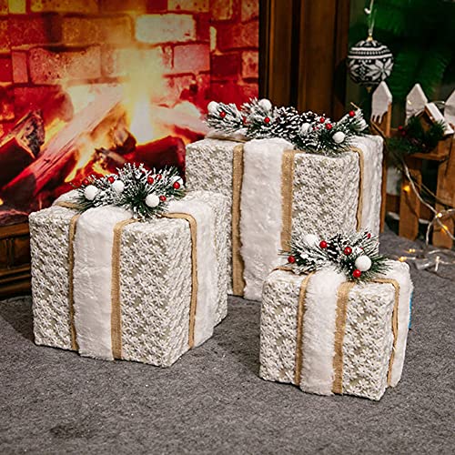 Yenisai - Set di 3 scatole regalo illuminate di Natale, con fiocchi dorati, decorazioni natalizie per esterni, 30 luci a LED, per esterni, illuminate, per feste, Natale, 3 misure (bianco B)