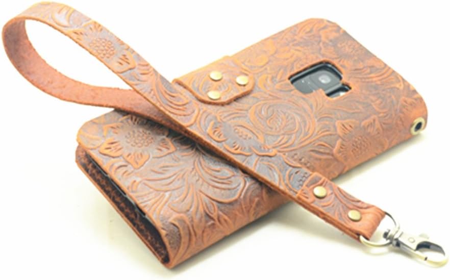 JJNUSA Handmade Genuine Italy Samsung Galaxy S9 5.8" inch Book Leather Wallet Case Premium Slim with Strap and Phone Rope (Wristlet) Flip Cover with Stand & Credit Card Slot for S9 Old Brown