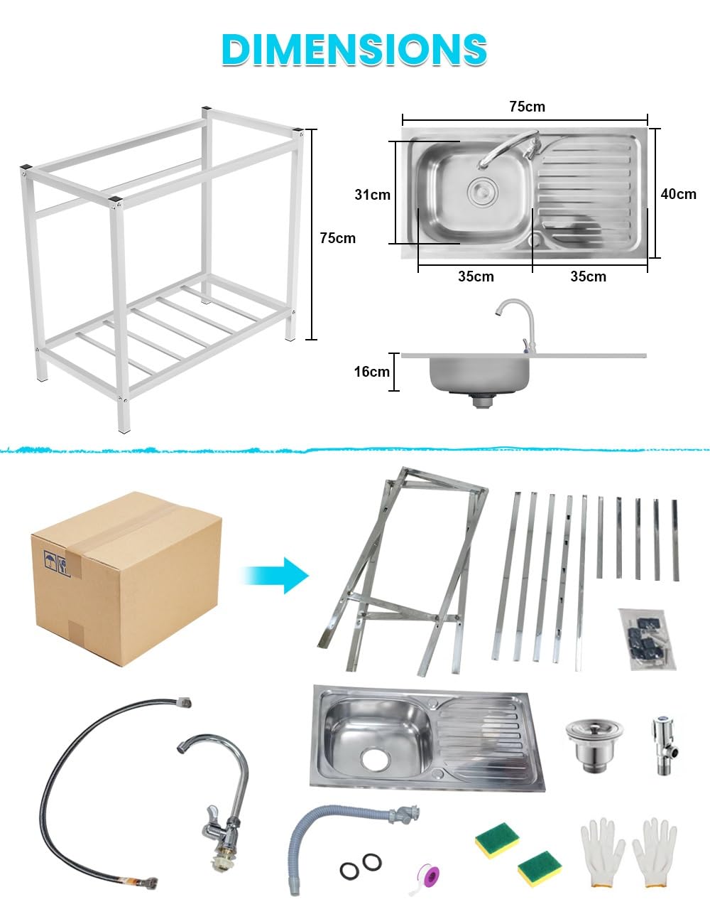 Lavabo Commercial De Cuisine, Evier INOX 1 Bac avec Egouttoir Et Robinet, Extérieur Évier De Jardin, évier Industriel, Évier Utilitaire Pour Restaurant, Garage, Buanderie(75x40xH75cm)