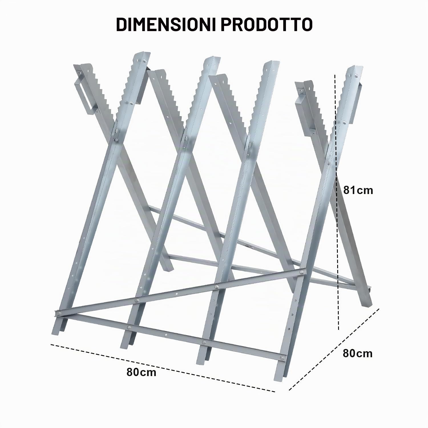 1 cavalletto per sega stabile in metallo, pieghevole, carico di 150 kg, ideale per motoseghe e lavorazione del legno, in metallo zincato, 81 x 80 x 80 x 80 cm, zincato e resistente