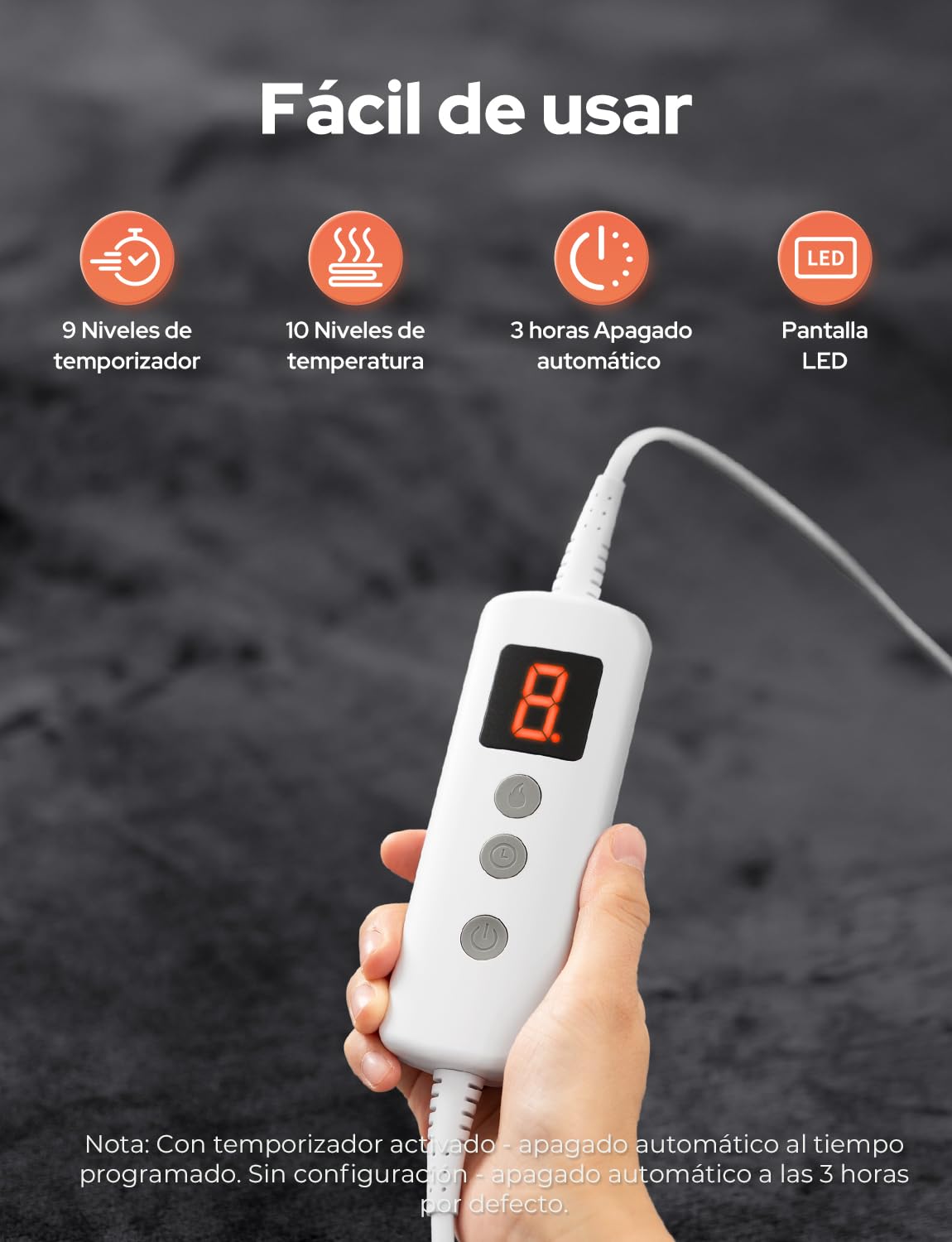 Manta Eléctrica 200x180cm Manta Calefactable 10 Temperaturas 9 Horas Configuraciones de Temporizador Calentamiento Rápido Lavable a Máquina Apagado Automático para Hogar Oficina Gris Oscuro