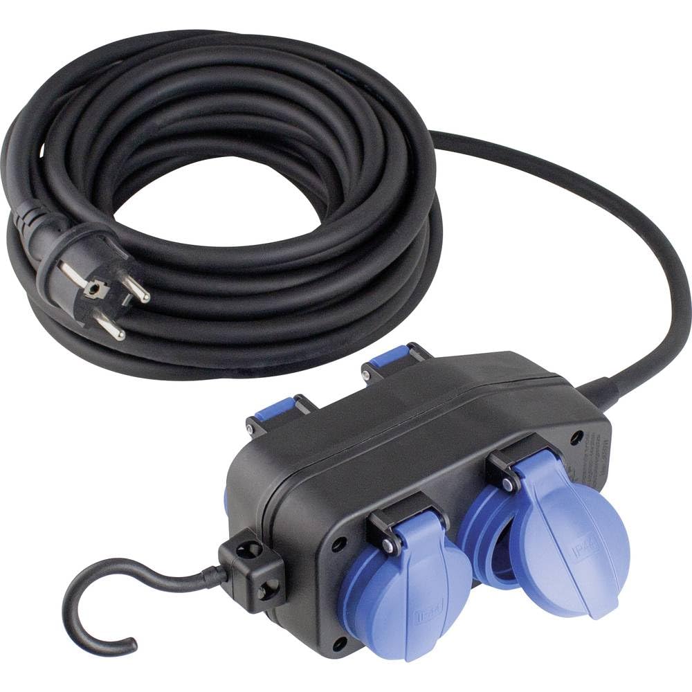 as - Schwabe alargador de Cables de 5 m H07RN-F 3G1,5 - Cable de extensión con 4 Tomas - 230 V/16 A - con Tapas Protectoras - Resistente al Polvo y a Las Salpicaduras IP44 - Negro, 60673
