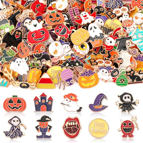 SANNIX 110Pcs Halloween Enamel Pins Set, Skull Pumpkin Ghost Spooky Brooches for Trick or Treat, Halloween Backpack Clothing Lapel Badges for Party Favors DIY Crafts, 55 Styles