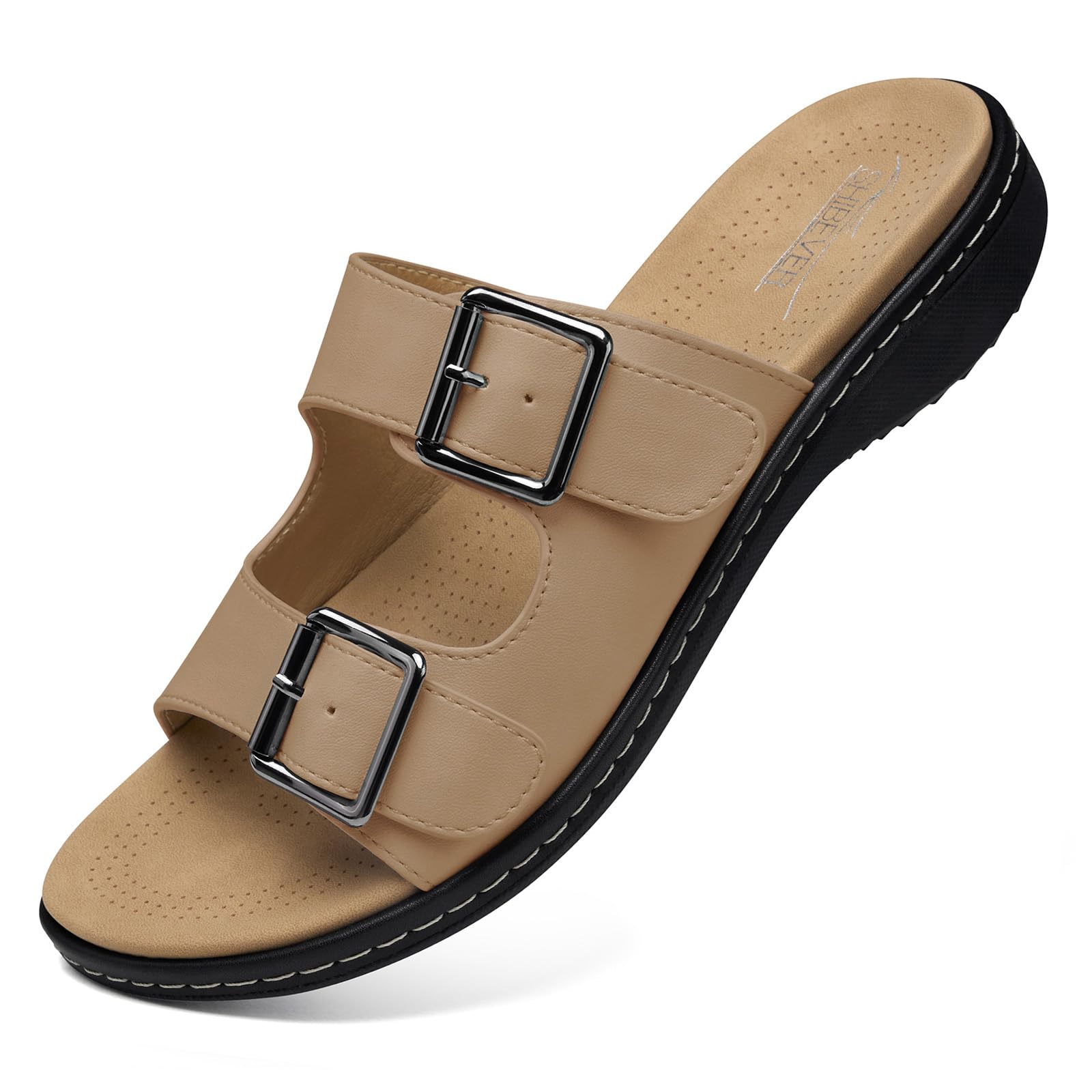 SHIBEVER Women Dressy Flat Sandals: Comfortable Arch Support Sandal | Non Slip Orthopedic Slip On Flats - Adjustable Fit Wide Feet - Summer All Day Standing Walking Sandal