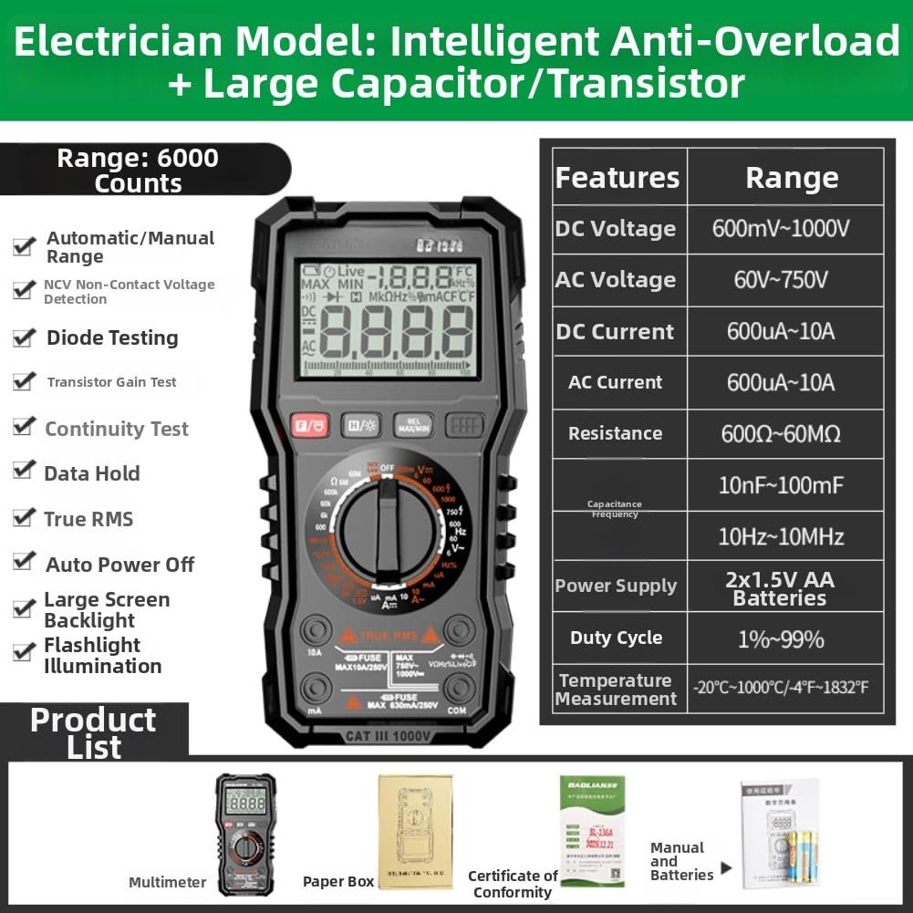 Multimetro digitale professionale, 6000 conteggi, True RMS Auto-Ranging NCV tester per corrente, tensione, resistenza, alloggiamento robusto (Electrician 6000)