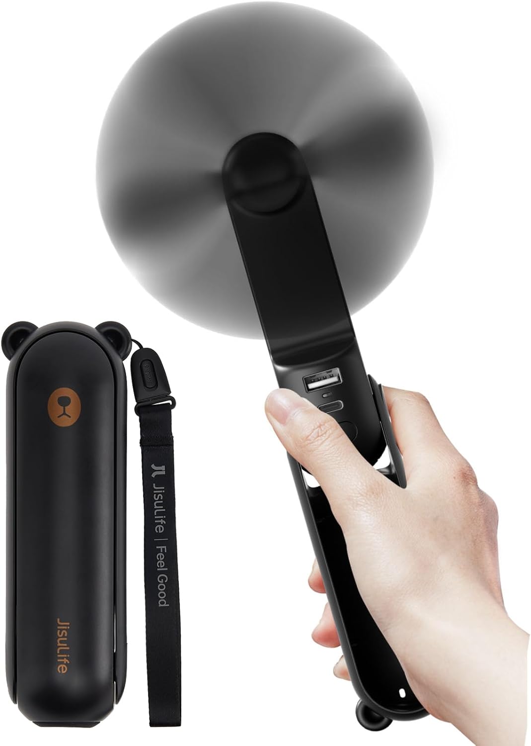 JISULIFE Handheld Fan F8X in black, showing its compact folded form and extended fan form.