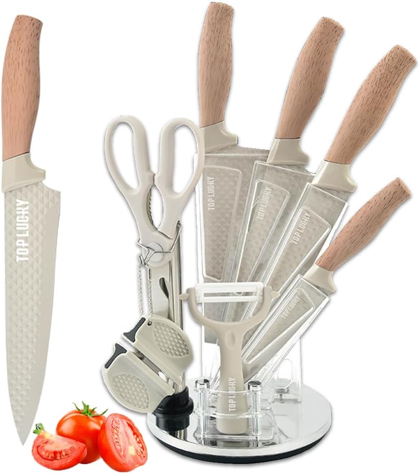 Kitchen Knife Set, Wiztoynia 8-Piece Khaki Super Sharp Knife Set with Acrylic Block for Small Kitchen, Anti-Rust Non-stick Stainless Steel Cooking Chef Knife Set with Shapener, Space Saving (Khaki)