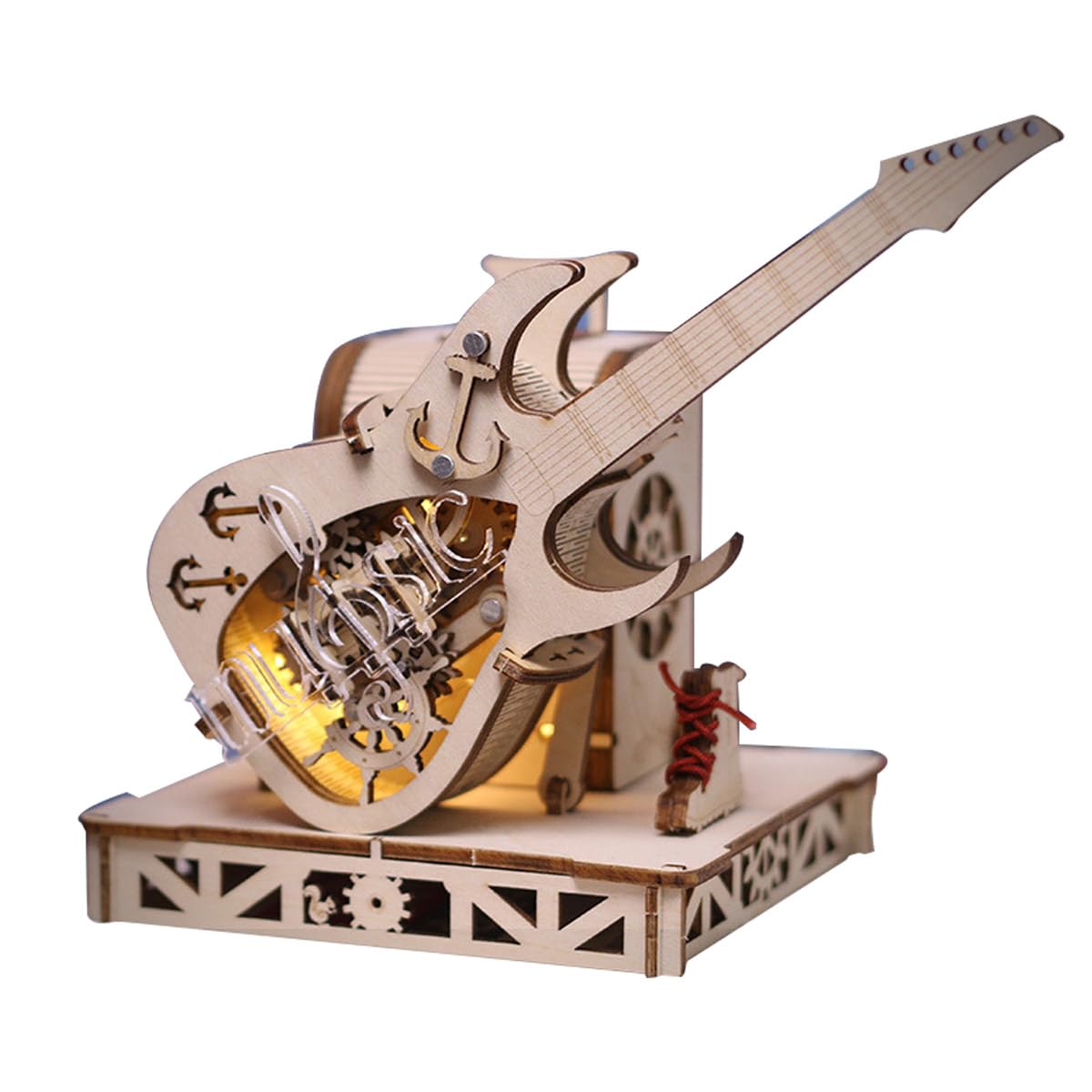 Kit di costruzione in legno 3D, carillon per chitarra, trasmissione meccanica, modello in legno per adulti, da costruire, decorazione per la casa, regalo di compleanno di Natale (150 pezzi)