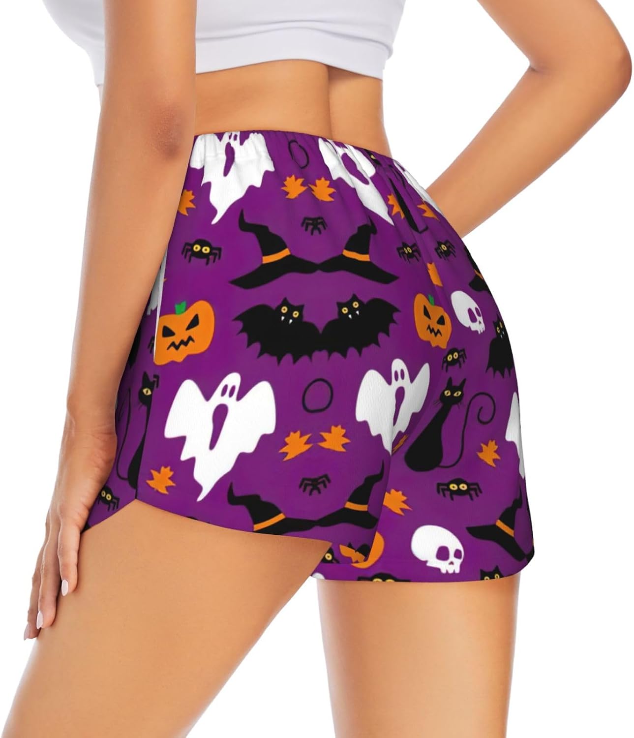Purple Halloween Horror Print Womens 2 In1 Running Athletic Workout Yoga Shorts with Pockets Gym Elastic Workout Shorts