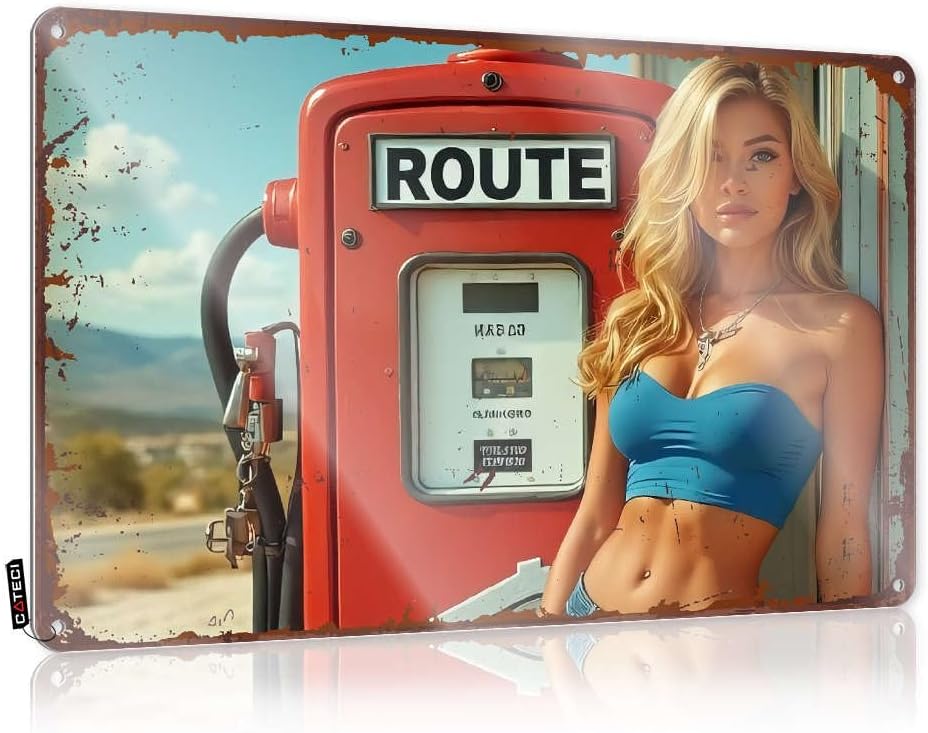 TRBW Funny Kitchen Signs Vintage Route Gas Pump With Woman In Blue Top Outdoor Bar Accessories Decor Coffee Tin Sign