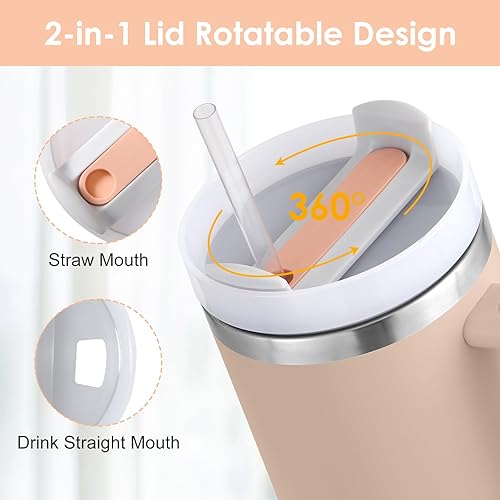 Miniatura 3 de Herseme Vaso de 40 onzas con asa y tapa con popote, vasos de acero inoxidable de 40 onzas aisladas al vacío, vaso de tapa 2 en 1 para bebidas frías