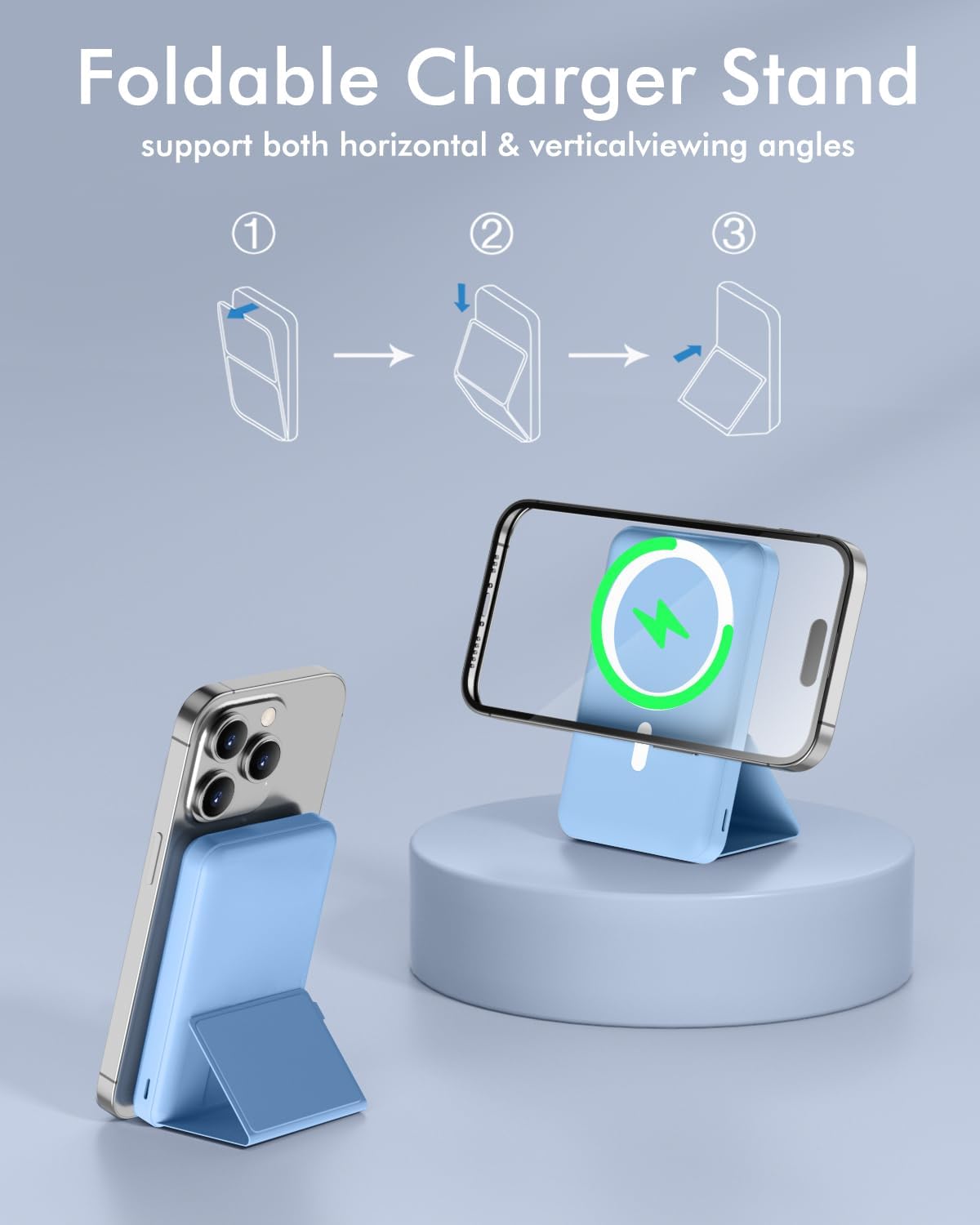 Diagram showing how to unfold the stand on the Magsafe battery pack, followed by an image of an iPhone standing vertically and horizontally on the extended stand.