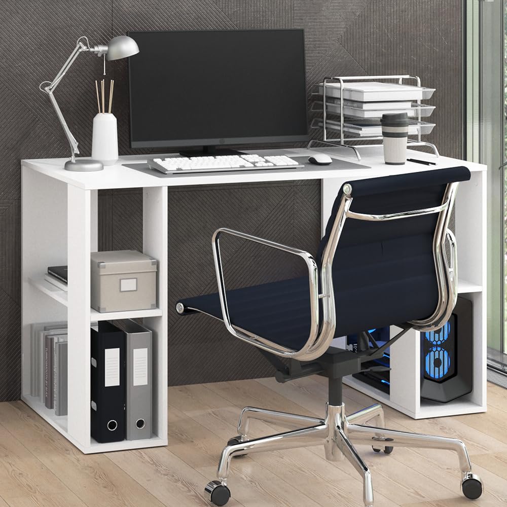 Vicco Bureau Arian, Blanc, 130x60cm | avec compartiments latéraux ouverts pour espace de rangement supplémentaire