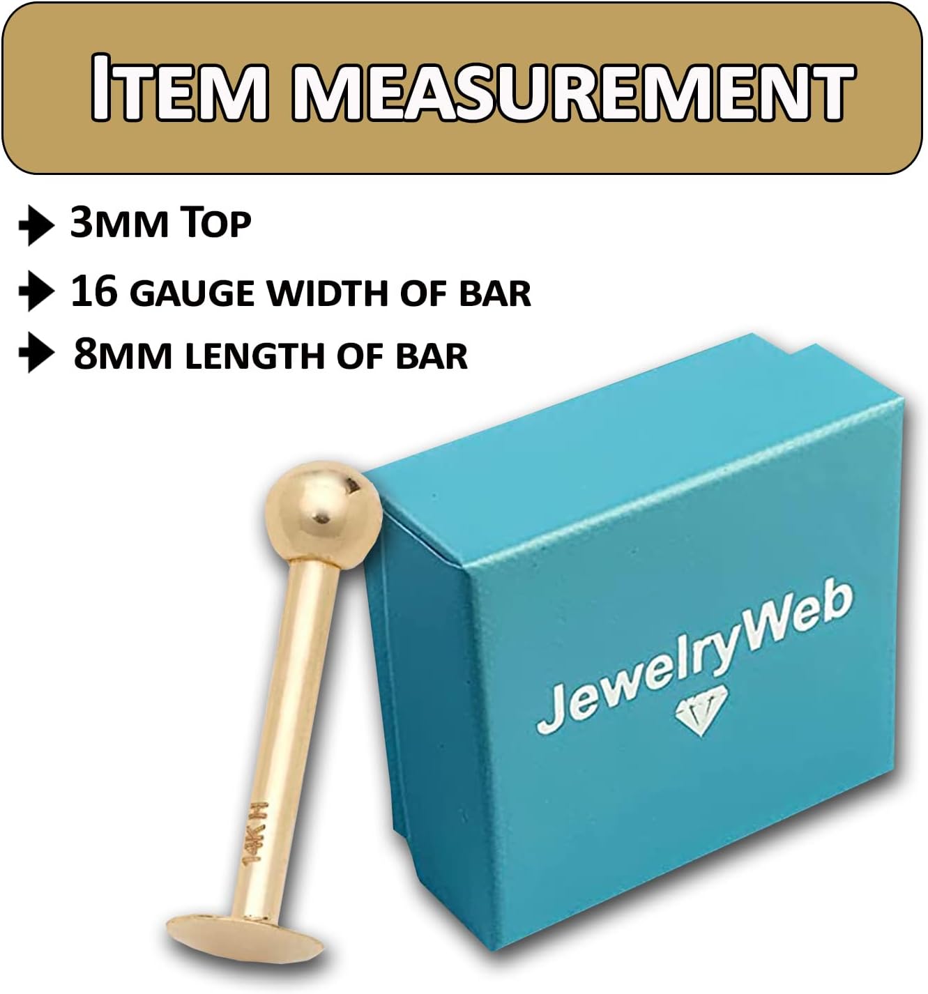 JewelryWeb - Solid 14k Yellow or White Gold 16G 3mm Ball Labret Tragus Ear Lip Ring Stud - Internally Threaded Piercing - Flat Back Cartilage Stud - Hypoallergenic - Image 7