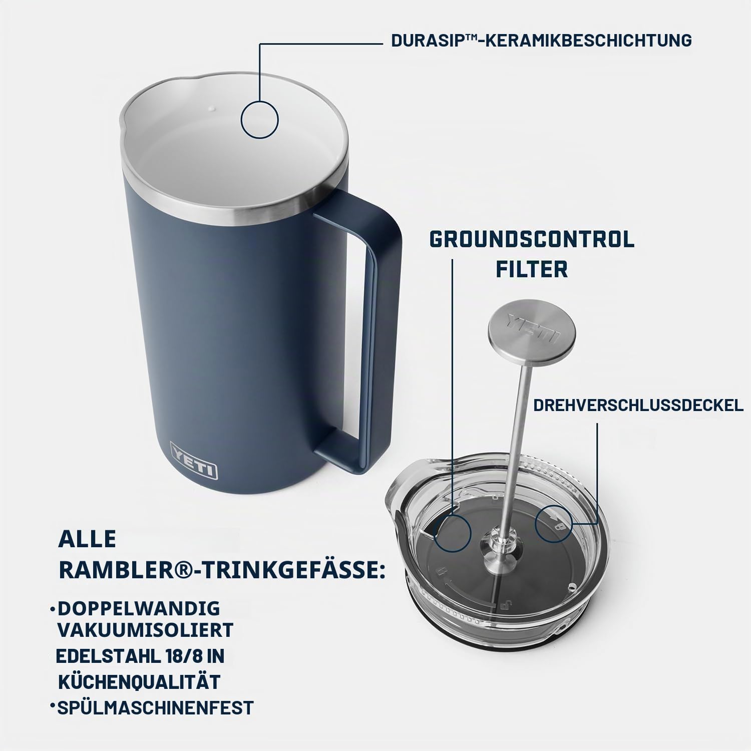 YETI Rambler Stempelkanne Mit DuraSip Keramikbeschichtung, Navy, 34 oz (1 L)