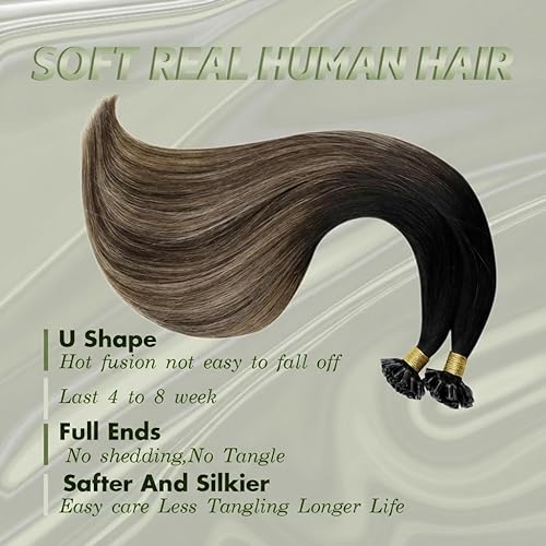 Miniatura 2 de RUNATURE Extensiones de cabello Remy con punta en U, color negro que se desvanece a marrón oscuro, mezcla de rubio caramelo, queratina, extensiones
