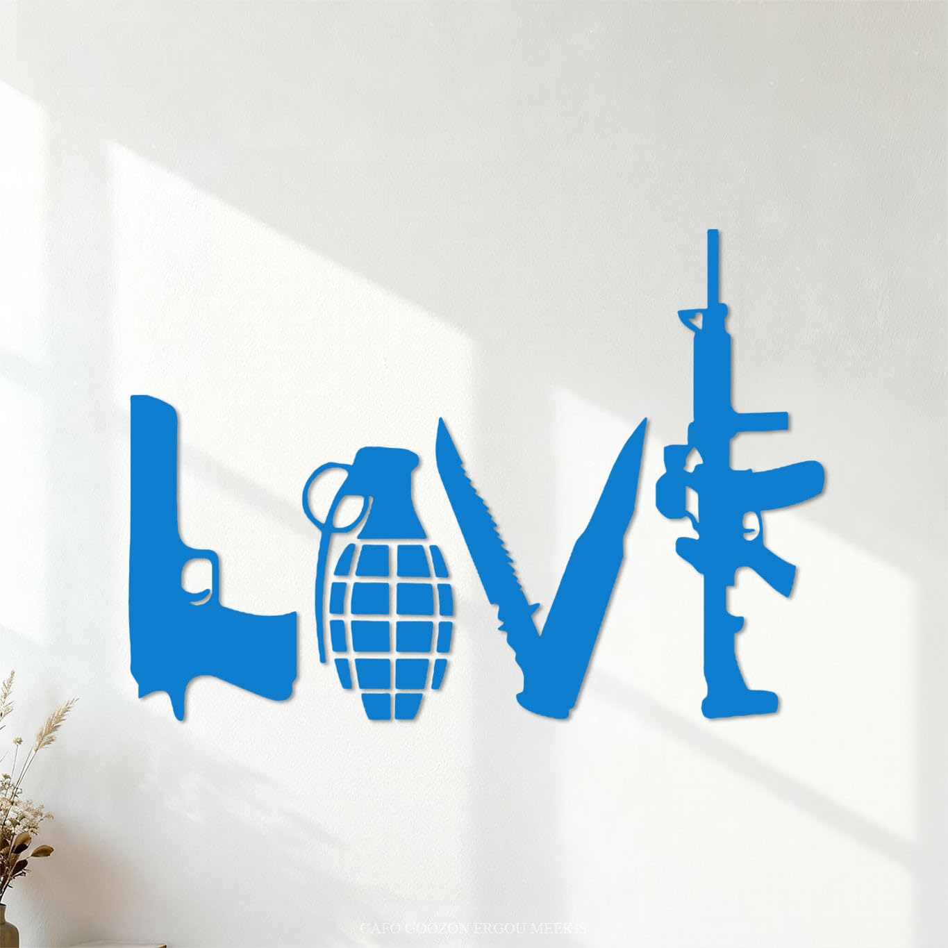 Lettering Stickers Love Shaped Weapons: Pistol Grenade Dagger Rifle 54.6x77.3cm Can Modify and add Information Blue