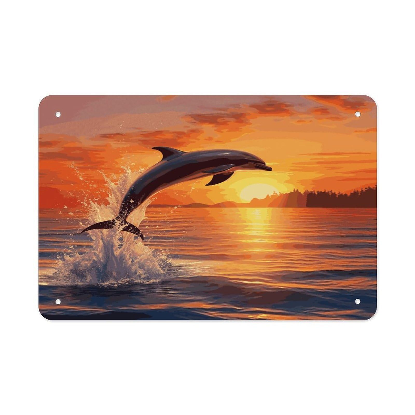 LDGSUPH Sunset Dolphin Metal Tin Sign Wall Art Prints Folded Edge Iron Sheet Painting with Holes for Wall Prints Decorative Picture Metal Signboard Decor Painting Wall Decor