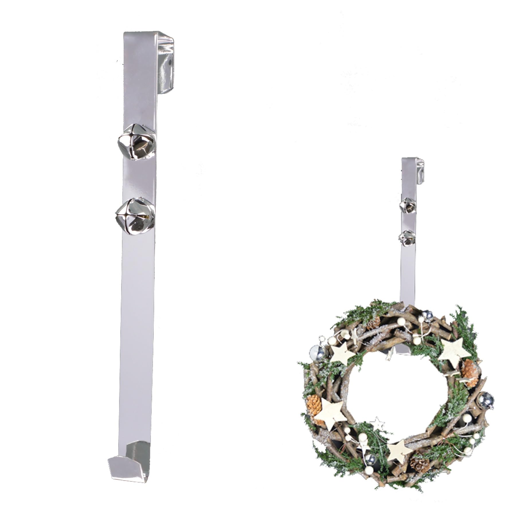 30cm Silver Metal Christmas Wreath Holder Decoration Set Over Front Door Hanger - Hang Your Wreaths - 2 Jingle Bells - Festive Xmas Decor
