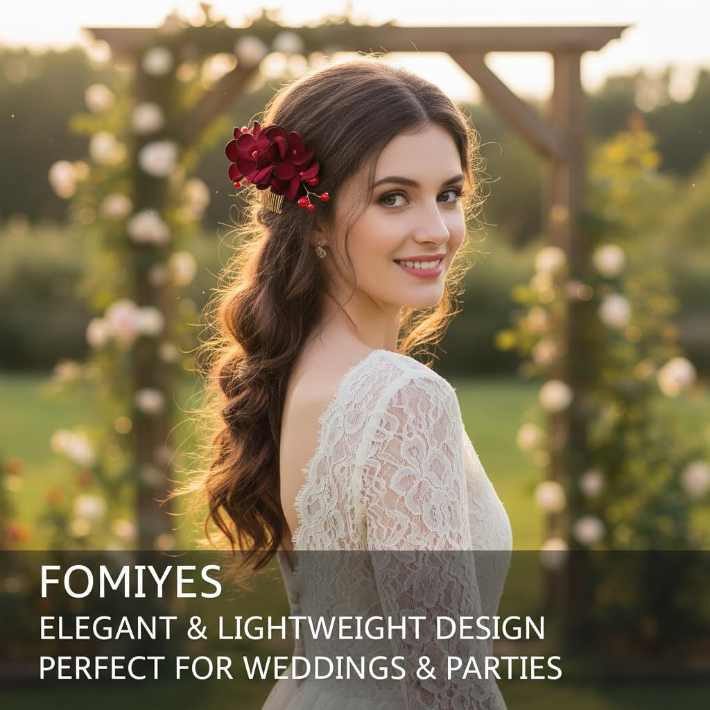 FOMIYES Peineta Lateral Con Flores De Tela Roja Y Cuentas Imitación Accesorio Ligero Para El Pelo De Mujer Ideal Para Bodas Fiestas Y Eventos Especiales 6.29X2.75 Pulgadas