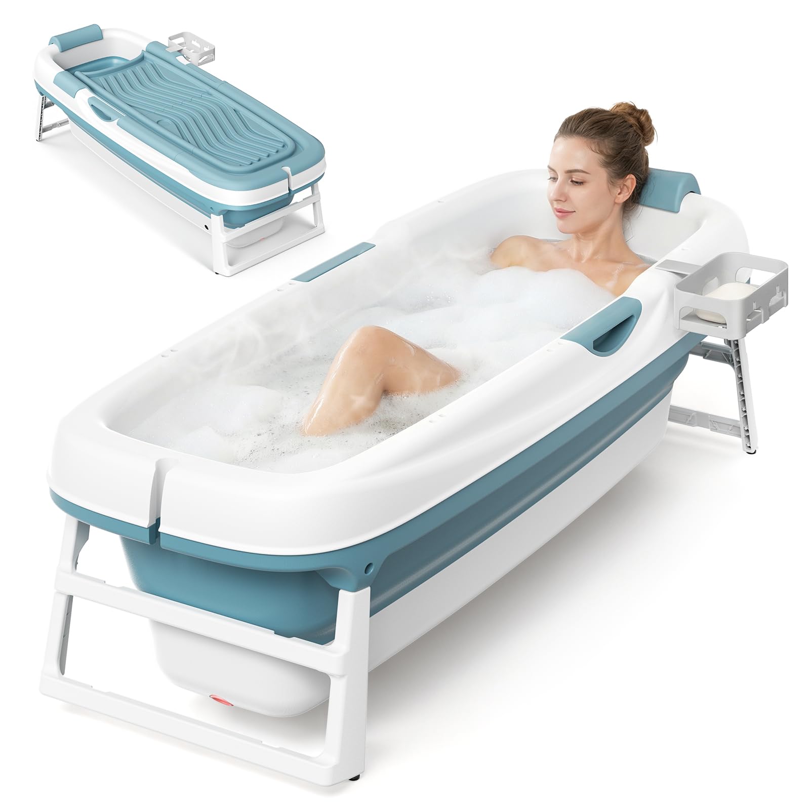 Faltbare Badewanne Erwachsene,157 x 58 x50 cm mit Isolierabdeckung neigbarer Rückenlehne erhöhtem Sitz U-förmiger Kopfstütze und Fußmassagerollen zwei Abflussöffnungen geeignet Duschen Balkone