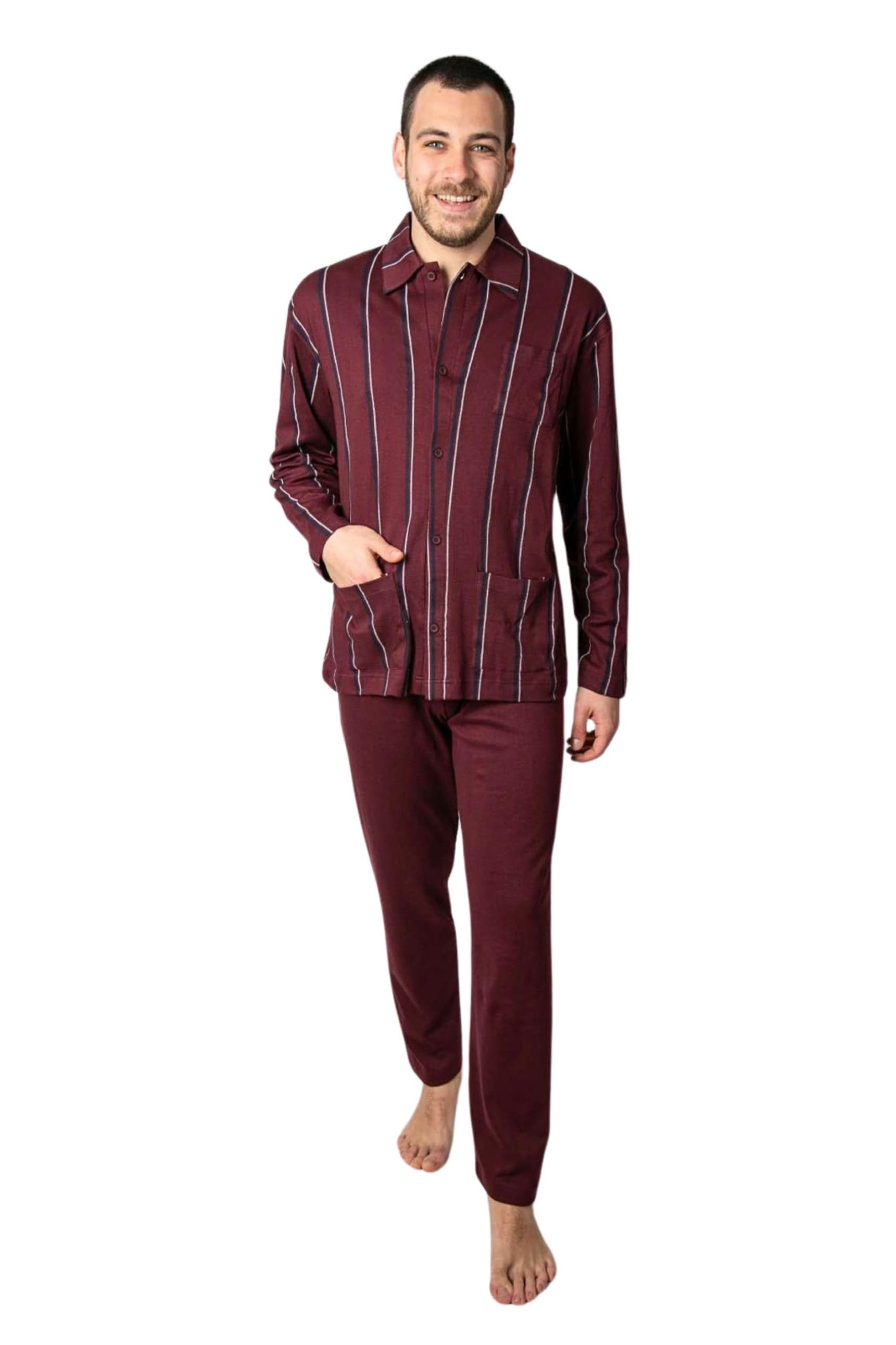 Leo Corsetteria Pigiama Lungo Uomo 100% Caldo Cotone Aperto Bottoni 3 Tasche No Polsini Righe