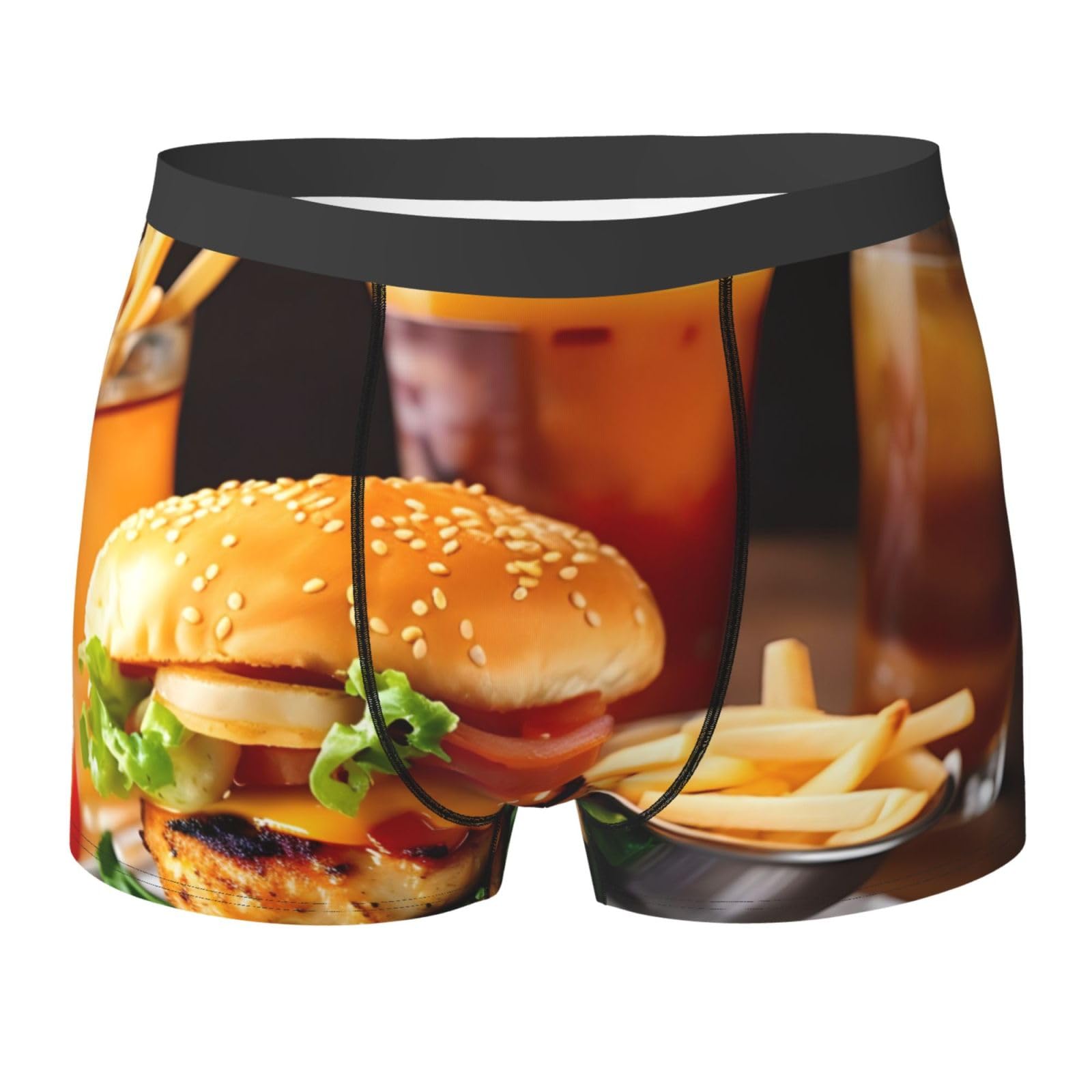Sxooge Men's Black Chicken Leg Burger Drink Underwear, Boxer Briefs For Elastic Waistband Breathable Elastic Fabric, Essentials, Xl