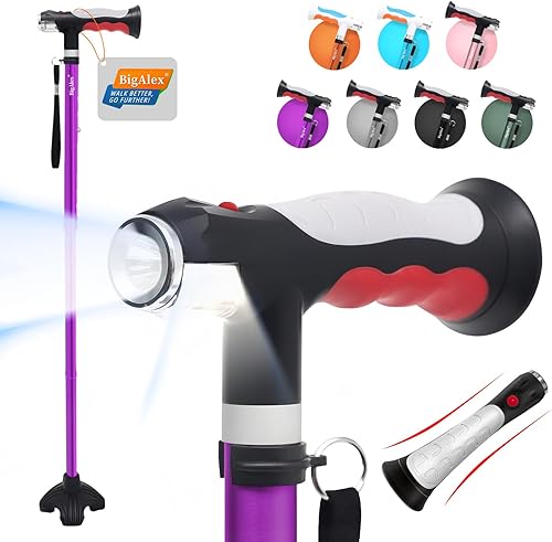 BigAlex Bastón plegable con dos luces LED para ancianos, base sólida, bastón ajustable con bolsa de transporte para hombres y mujeres