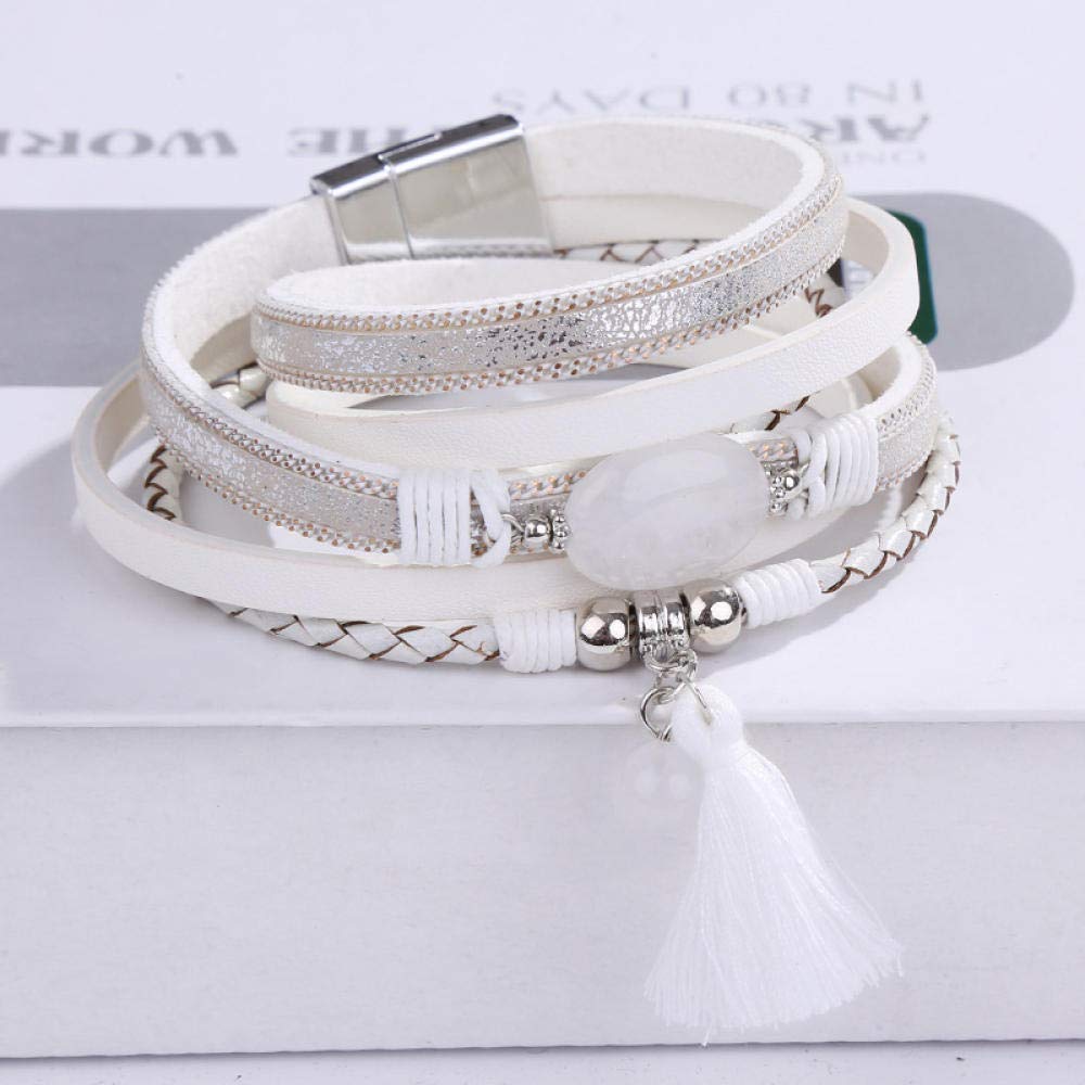 Lederarmband für Frauen, mehrschichtige Vintage Lederarmband Weißes Temperament Naturstein Achat gewebter Quasten-Pendellagne Magnet Schnalle Damen Armband Personalisierte Kleidung Accessoires Schmuck