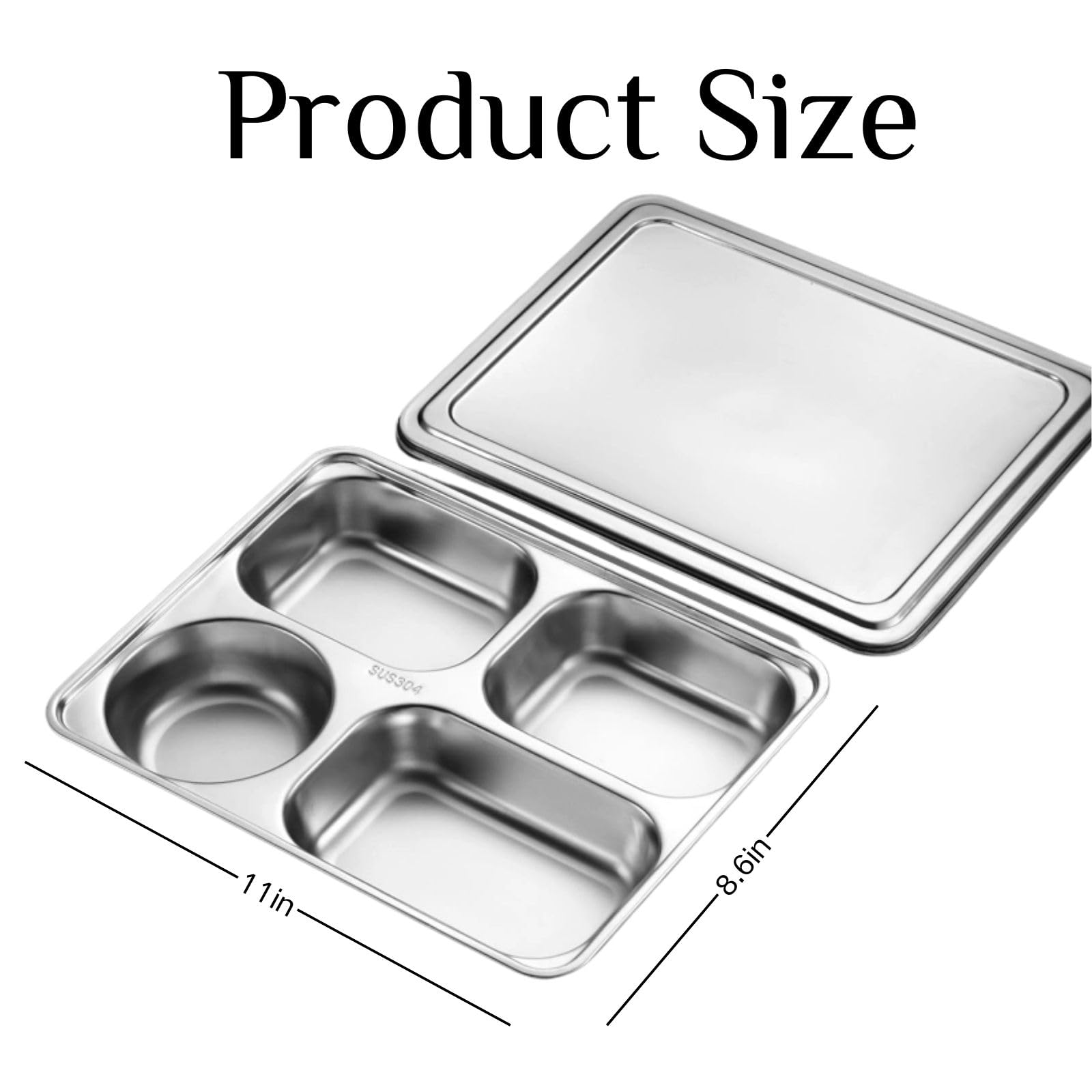 Lot de 5 assiettes divisées en acier inoxydable avec couvercles, plateau à dîner divisé en acier inoxydable 4 sections pour les mangeurs difficiles, les campeurs et le contrôle des portions