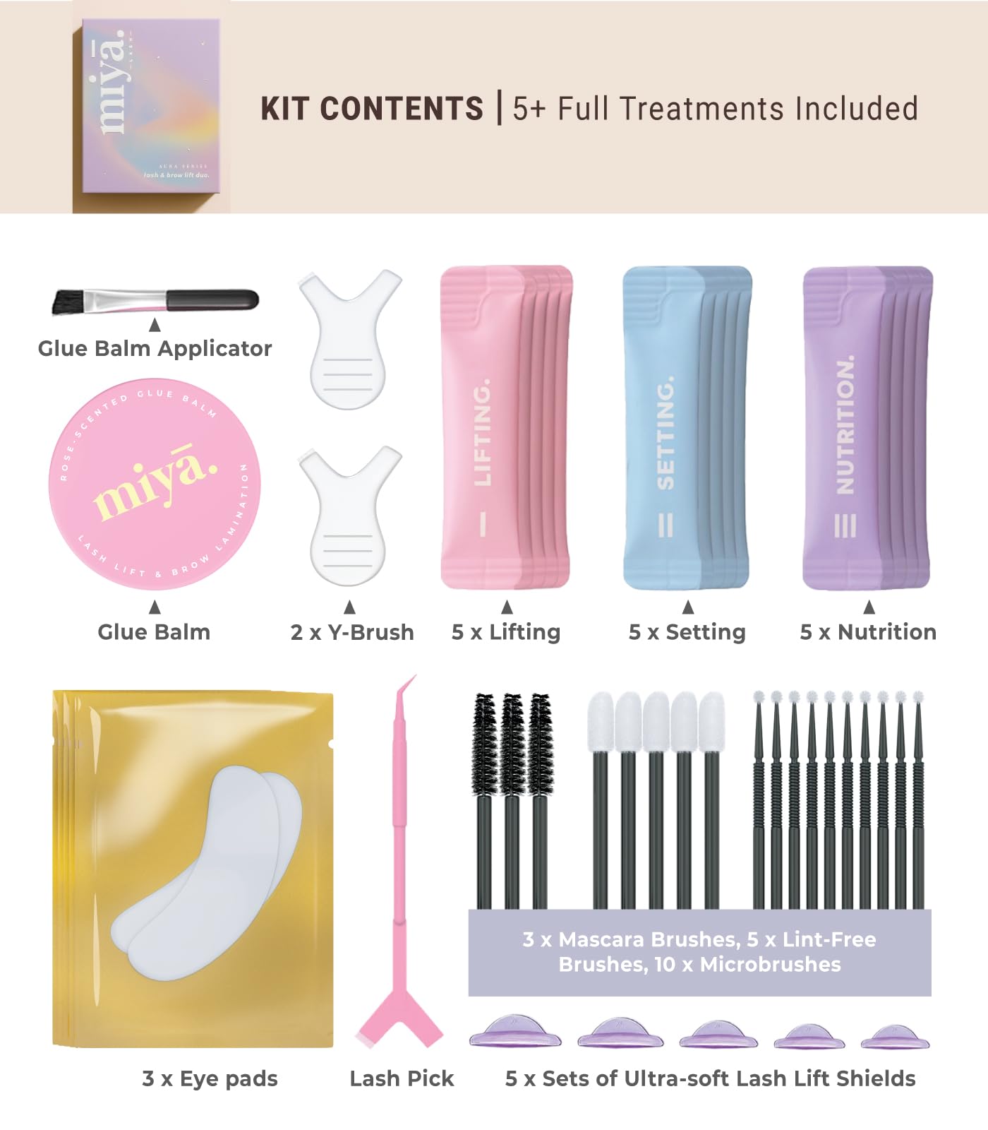 MIYA LASH Zestaw do laminowania rzęs i brwi z balsamem klejowym | seria AURA | 2 w 1 eyelash Perm & Brow Lift | indywidualnie zapakowane saszetki z narzędziami | Rezultaty obciążenia do 6 tygodni