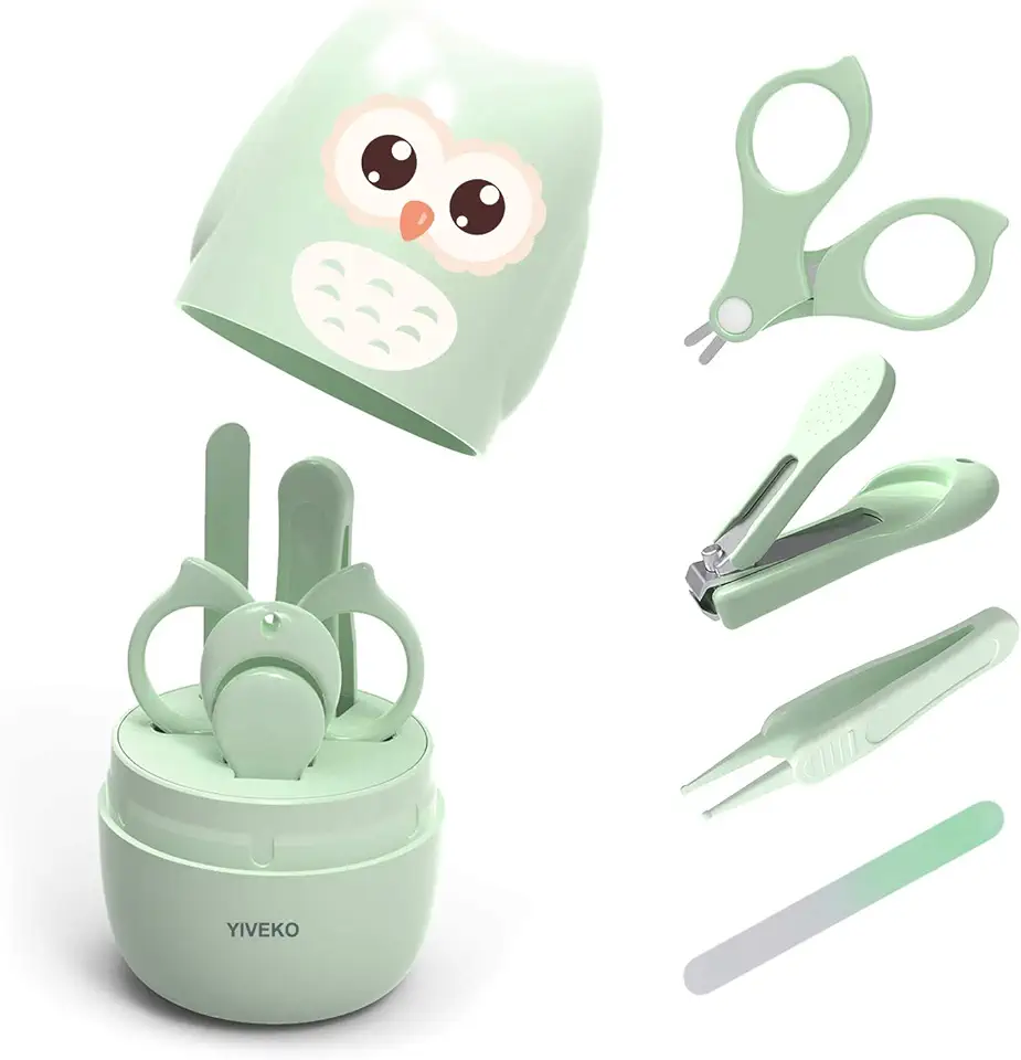 Baby Nail Kit, 4-in-1 Baby Nail Care Set with Cute Case, Baby Nail Clippers, Scissors, Nail File &amp; Tweezers, Baby Manicure Kit and Pedicure kit for Newborn, Infant, Toddler, Kids-Owl Green
