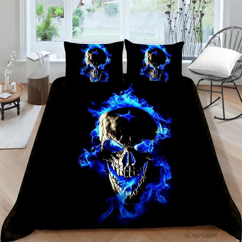 ZZTBQ Black Duvet Cover Set King Size Skulls Bedding Set Purple Flame Comforter Cover 3 Pieces Decor Bedspread Cover, 230 x 220 cm โ image 1