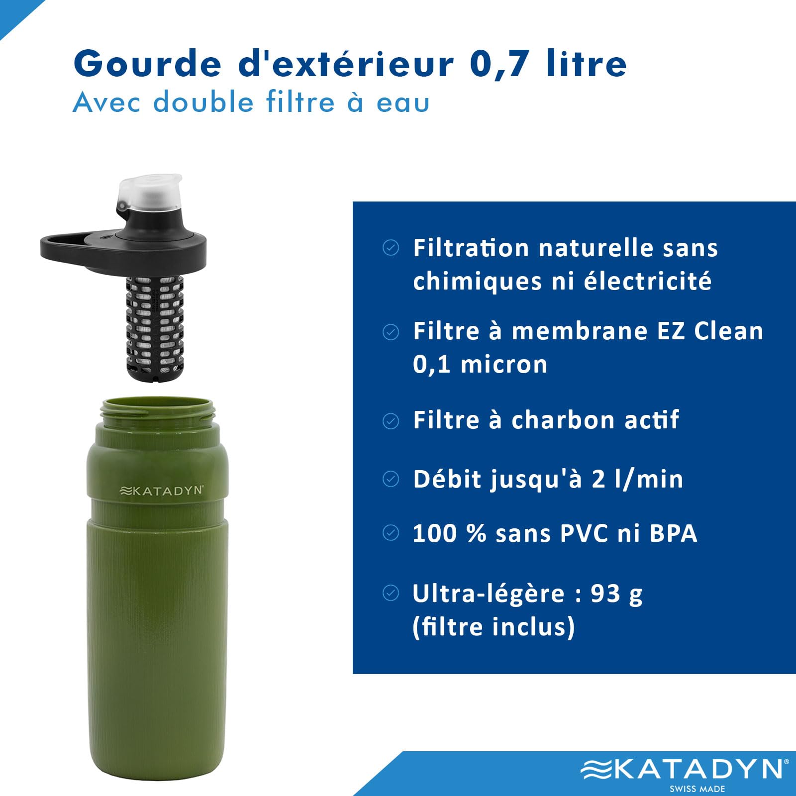 Katadyn BeFree AC Bottle Gourde filtrante ultra légère pour l'extérieur, en fibre creuse et charbon actif, pour camping, randonnée, trekking, voyage, filtration de l'eau portable, sans BPA, 0,7 l